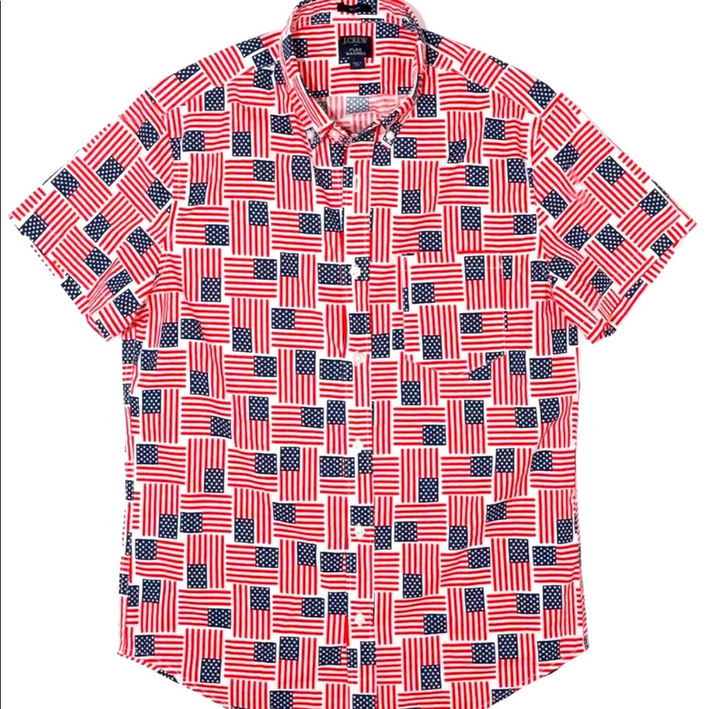 J. Crew Mens Front Close Button Up Short Sleeve American Flag Shirt - Slim Fit S